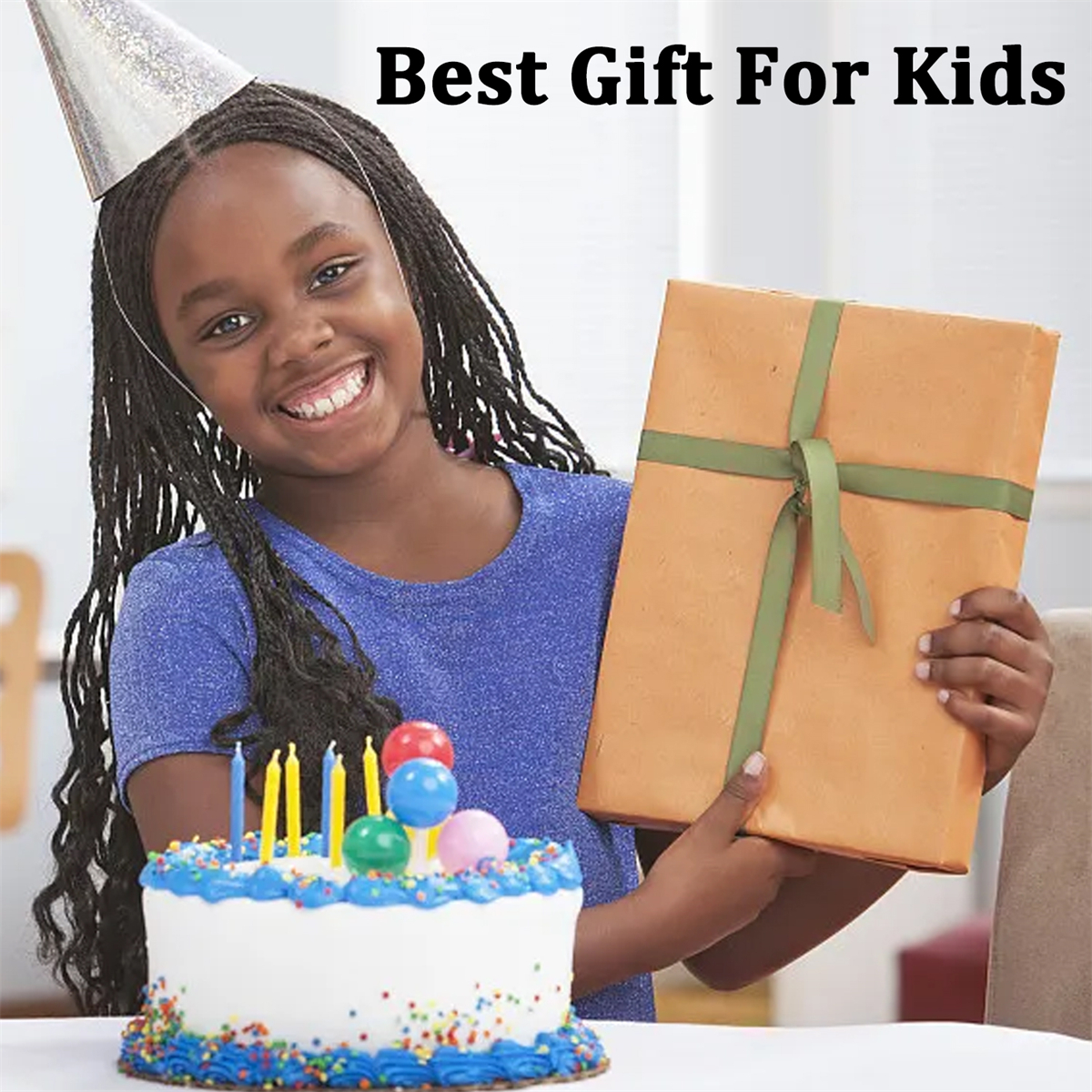 Ein Mädchen mit Geburtstagskuchen und Geschenkbox, trägt einen Partyhut. Text: Bestes Geschenk für Kinder.