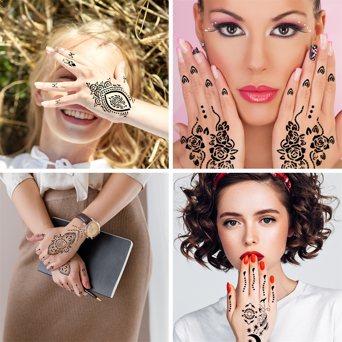 Vier Bilder, die Henna-Kunst auf Händen zeigen, darunter eine lächelnde Frau.