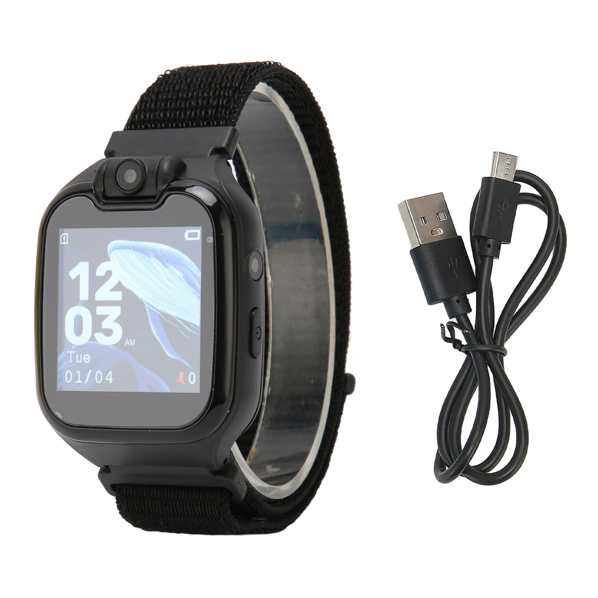 Schwarze Smartwatch mit Datumsanzeige, schwarzem Armband und Ladekabel.