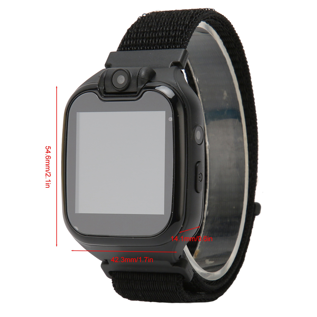 Schwarze Smartwatch mit schwarzem Armband, mit Maßen und weißem Hintergrund.