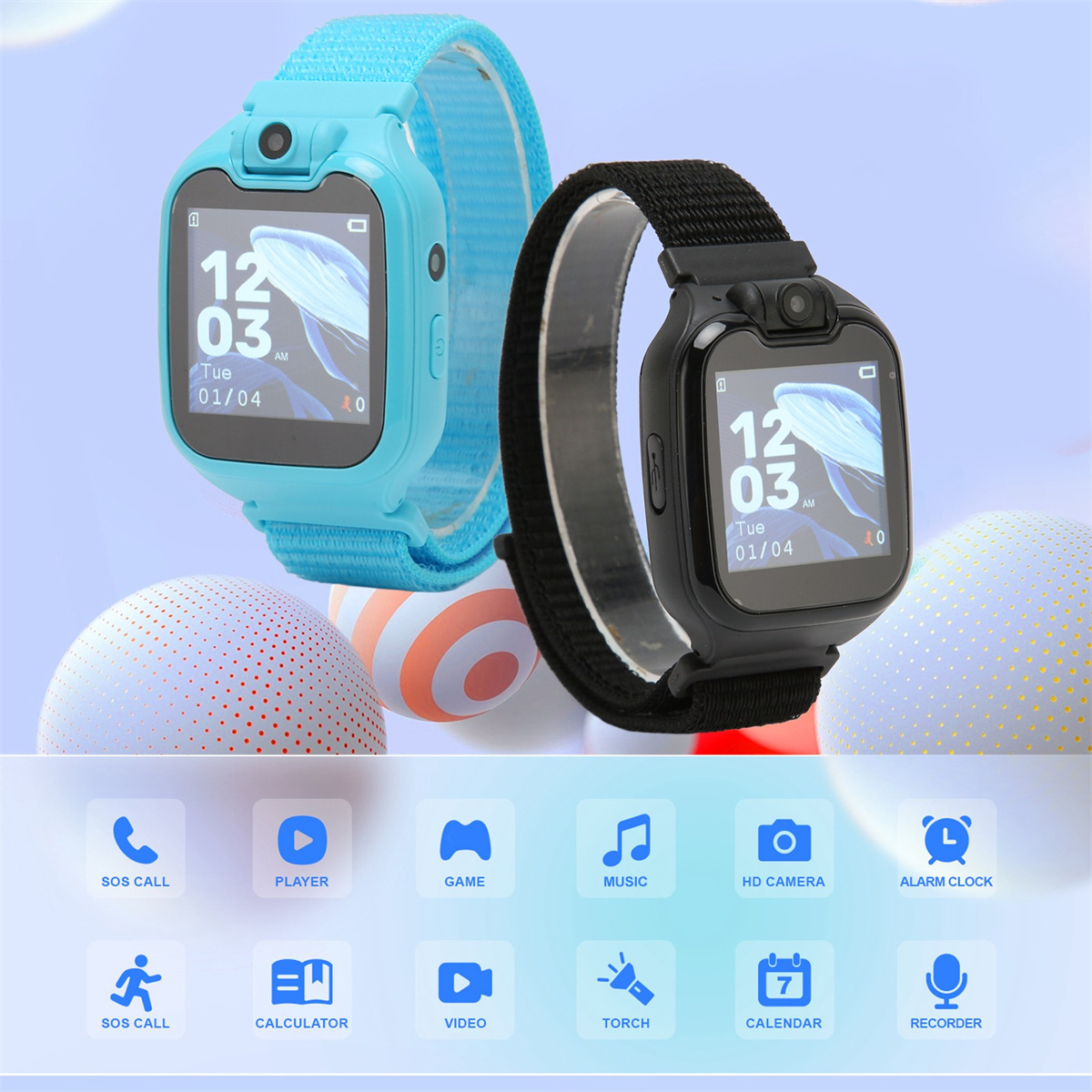 Zwei Smartwatches, blau und schwarz. Symbole für SOS, Player, Spiel, Musik, HD-Kamera und Alarm.