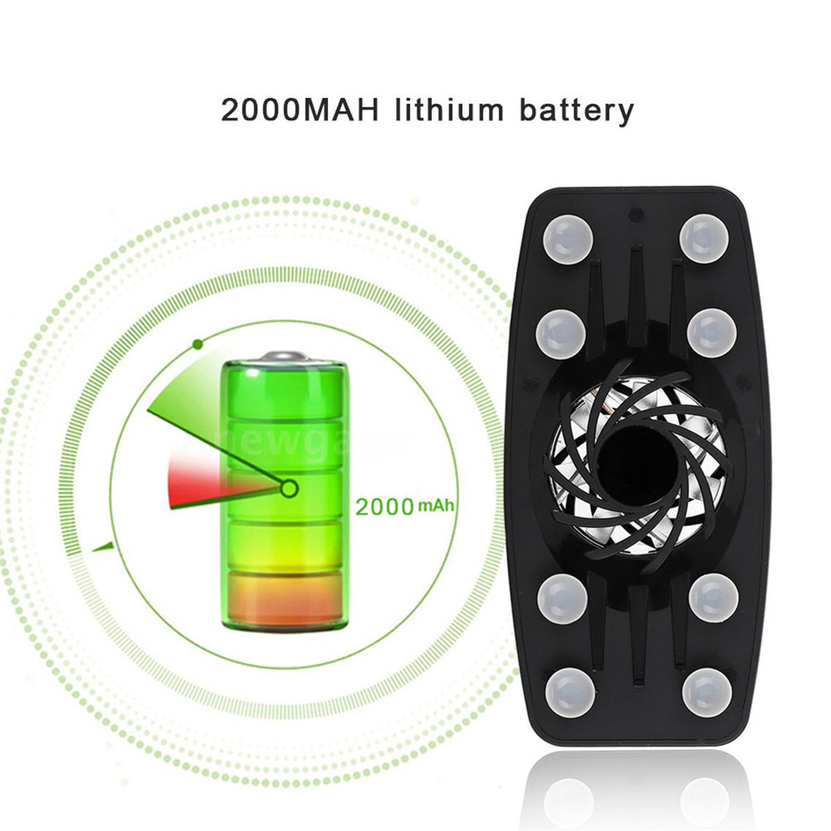 Ein schwarzes Gerät mit Lithium-Batterie und Lüfter mit Saugnäpfen. Die Batterie ist sichtbar.