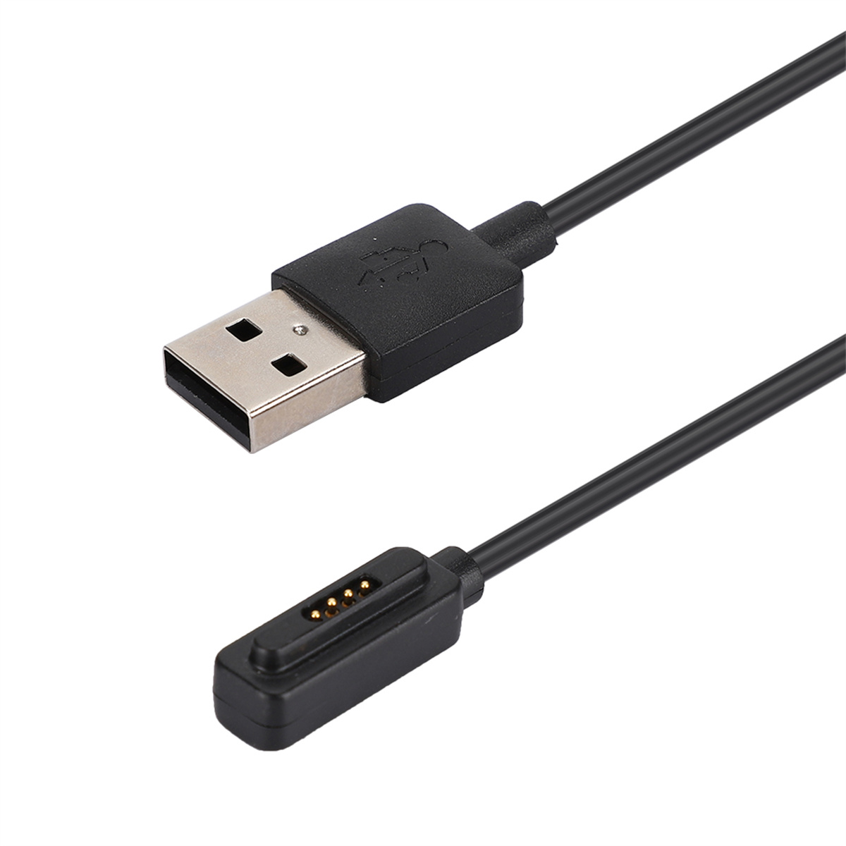 Schwarzes USB-Ladekabel mit USB-A-Anschluss und magnetischem Ladeende. Weißer Hintergrund.
