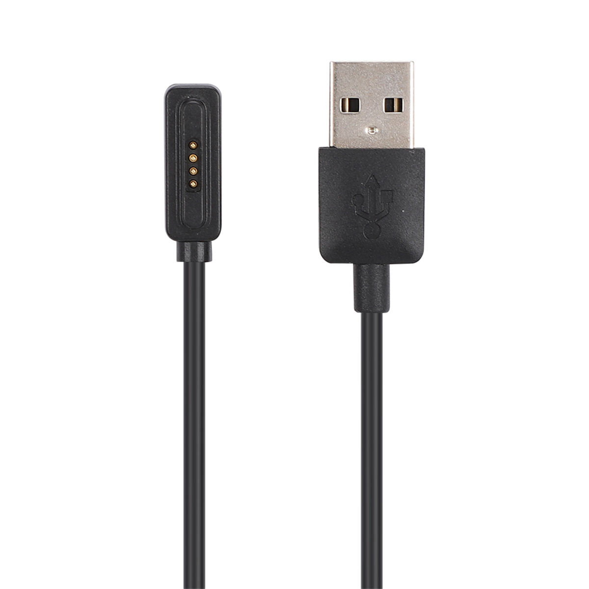 Schwarzes Ladekabel mit USB-Anschluss an einem Ende und kleinem Anschluss am anderen.
