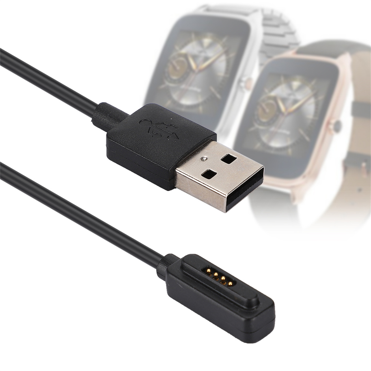 Ein schwarzes USB-Ladekabel und eine Ladestation. Zwei Smartwatches sind im Hintergrund unscharf dargestellt.