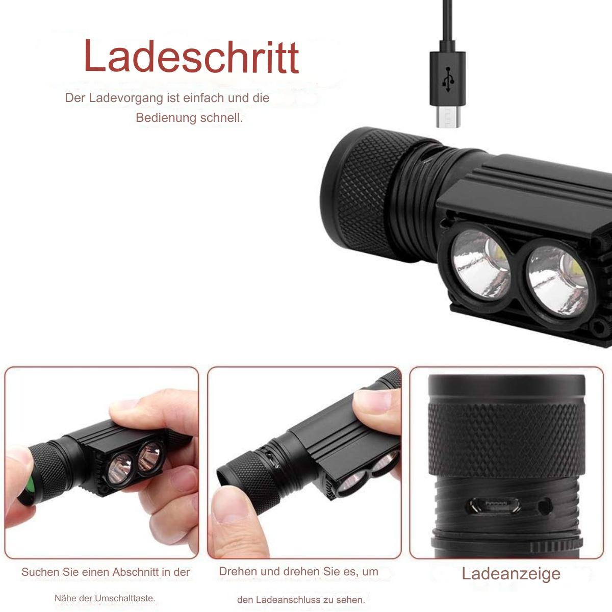 Schwarze Taschenlampe mit drei Detailbildern. Eins zeigt Ladeanschluss, eins zeigt Knopf.