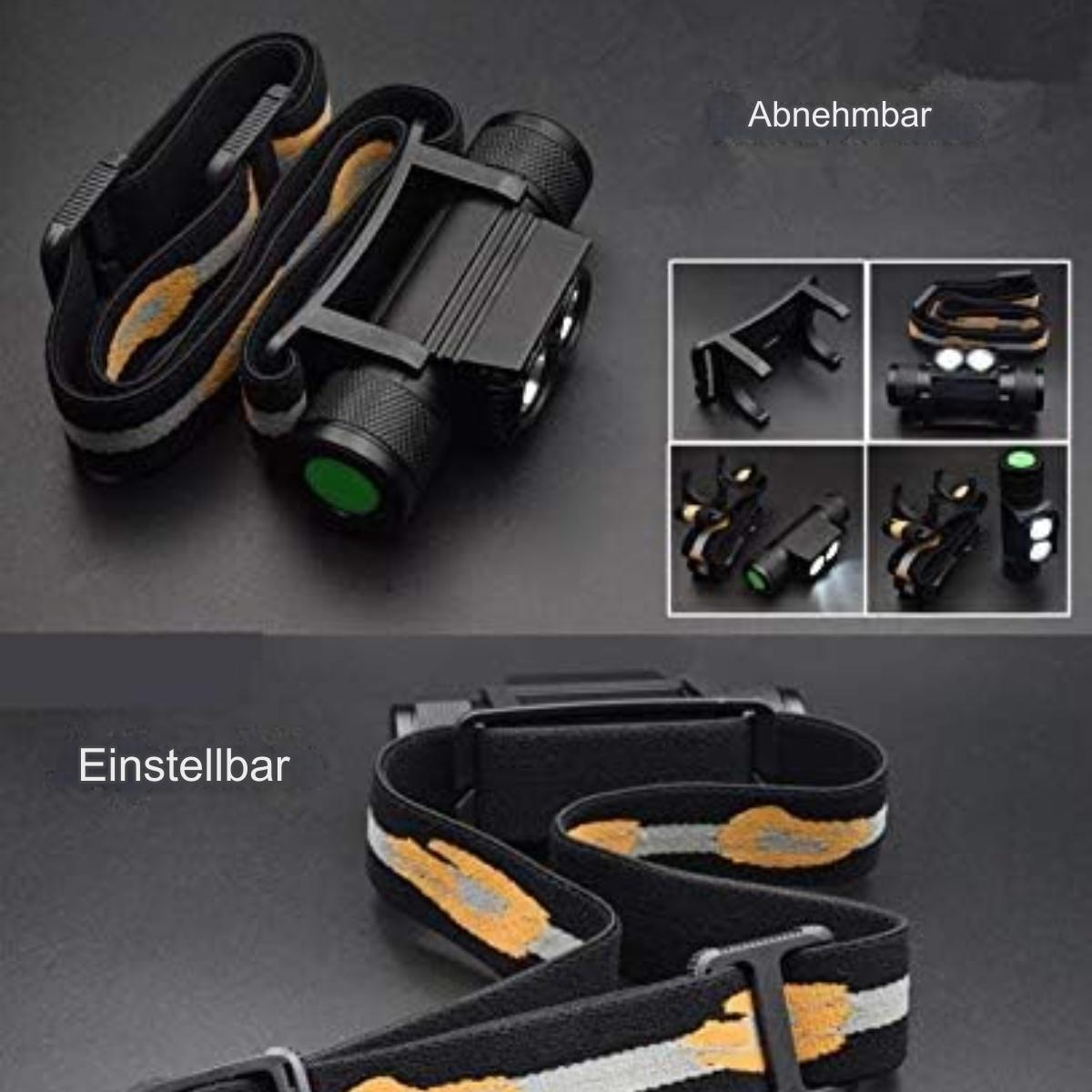 Stirnlampe mit mehreren Lichtern und verschiedenen Ansichten: abnehmbar, einstellbar und Zusatzlichter.