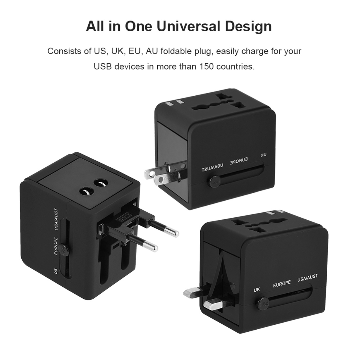 Drei schwarze Reiseadapter mit verschiedenen Steckertypen. Text: All in One Universal Design.