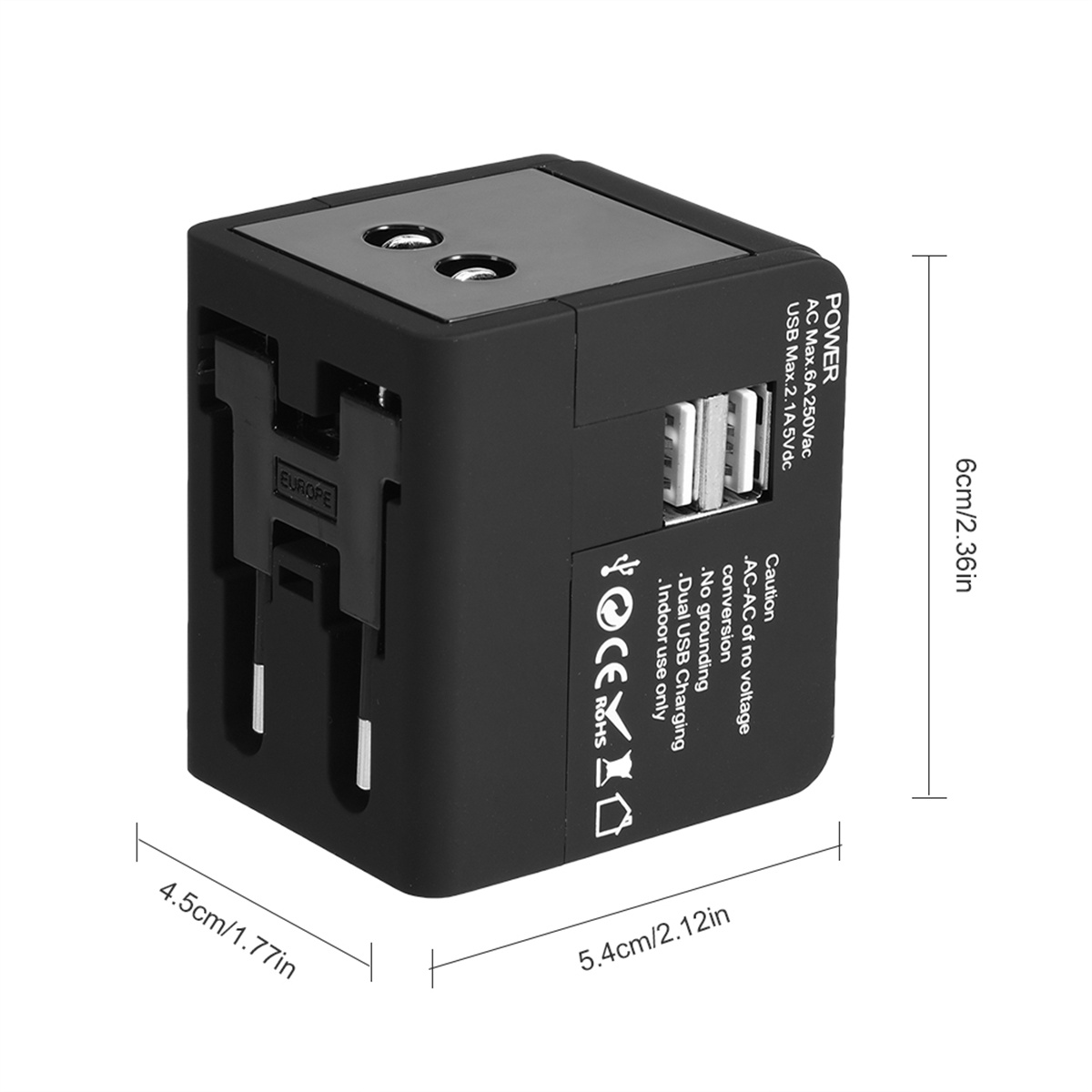 Schwarzer Universal-Netzadapter mit mehreren Steckertypen und USB-Anschlüssen, mit Abmessungen.