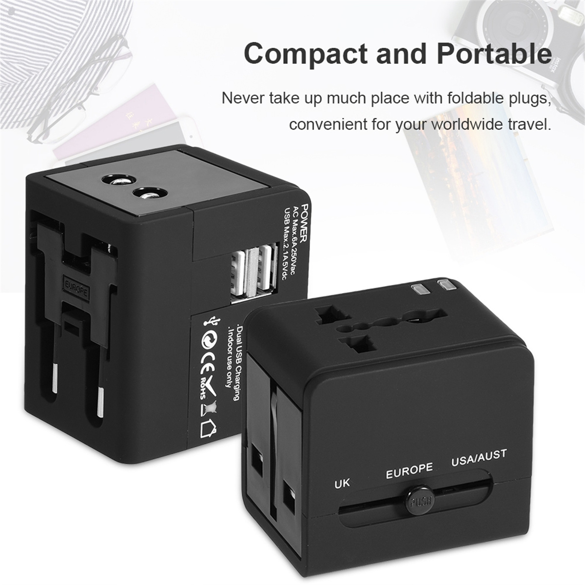 Zwei schwarze Reiseadapter mit mehreren Steckerkonfigurationen. Einer hat Etiketten für Europa, USA/AUST und UK.