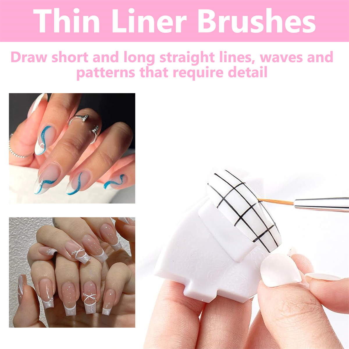 Nagelkunstbeispiele mit dünnen Linerpinseln. Die Bilder zeigen lackierte Nägel mit verschiedenen Designs und Mustern.