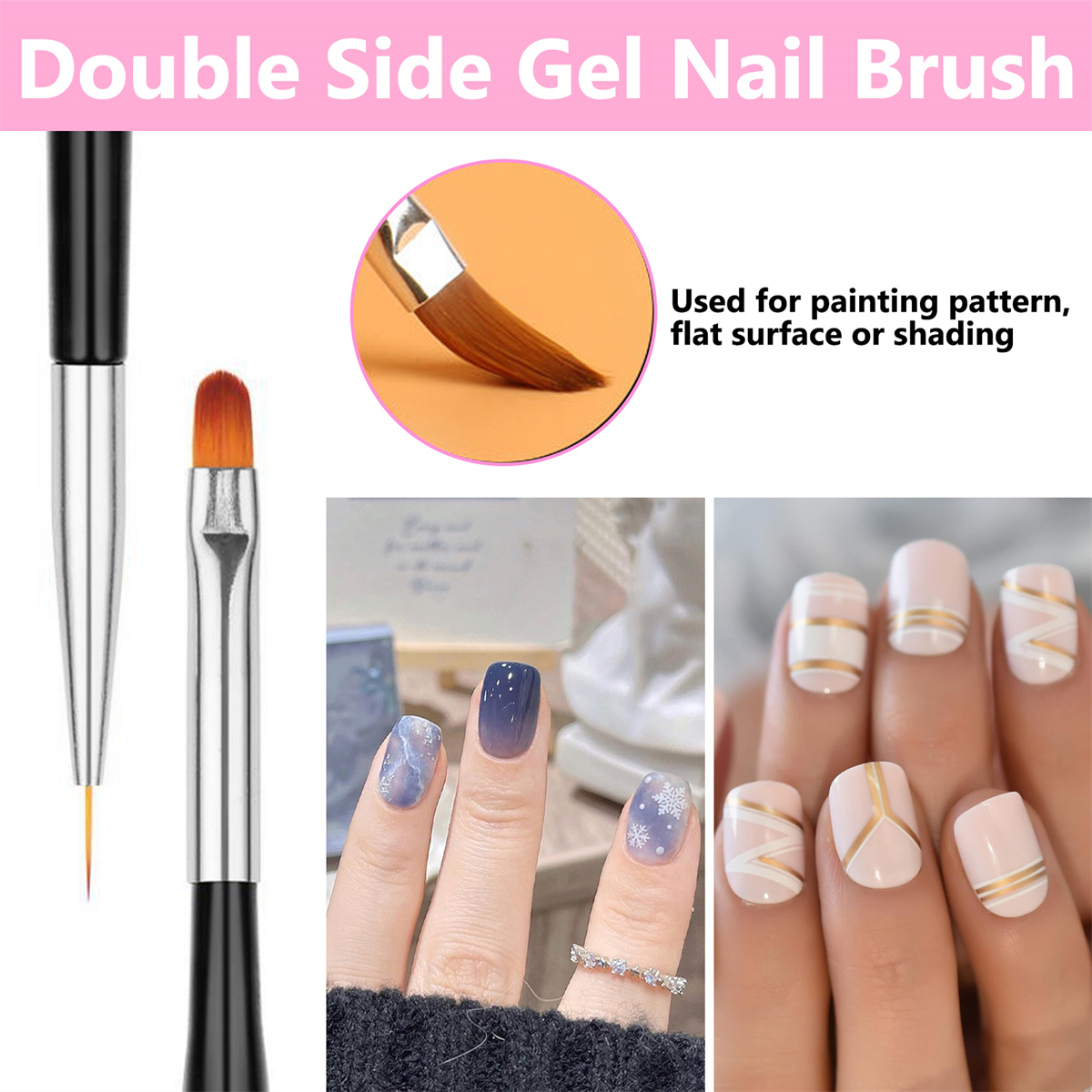 Doppelseitiger Gel-Nagelpinsel mit Nagelkunst-Beispielen. Nägel sind mit Gel lackiert.