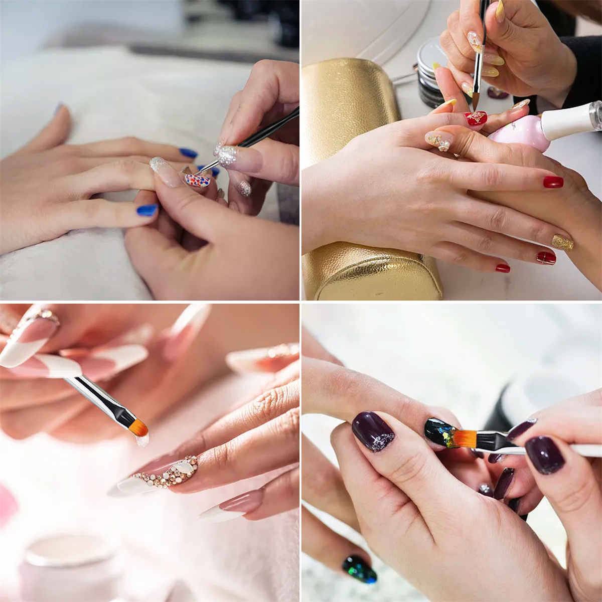 Vier Bilder, die zeigen, wie Menschen Maniküre machen. Sie tragen Nagellack auf und dekorieren die Nägel.