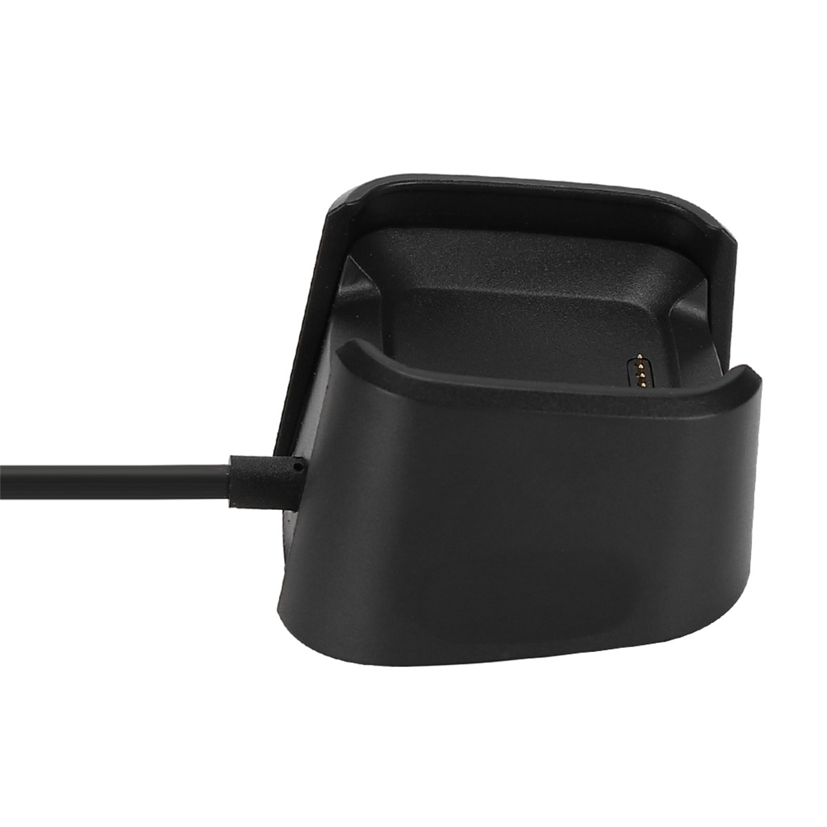 Eine schwarze Ladestation für ein Gerät, mit einem schwarzen Kabel befestigt.