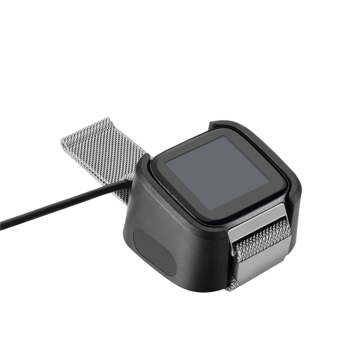 Schwarzes Smartwatch-Ladegerät mit silbernem Mesh-Armband, auf weißem Hintergrund.