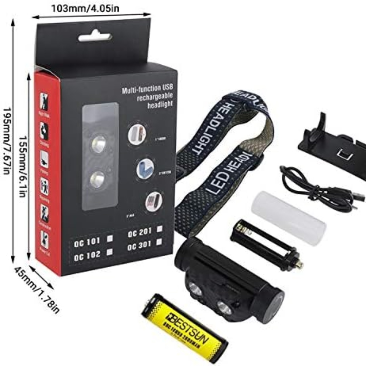 Eine schwarze Box mit einer Taschenlampe und Zubehör. Die Box hat Abmessungen und Text auf Englisch.