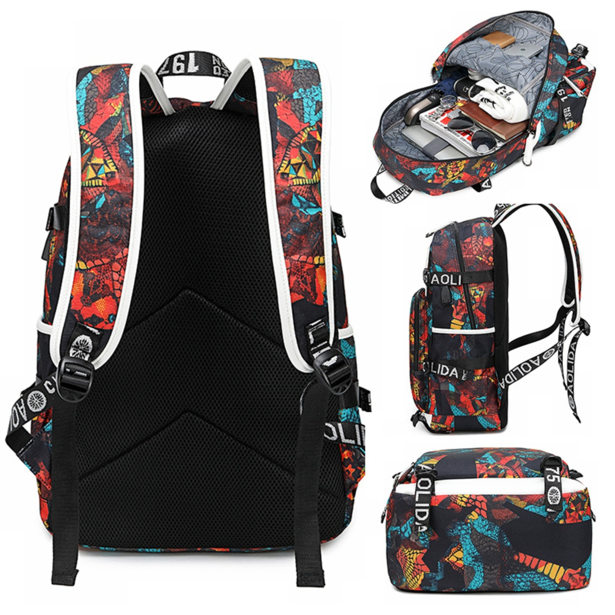 Ein Mehrfachansichtsbild eines Rucksacks. Der Rucksack ist schwarz mit bunten Mustern.