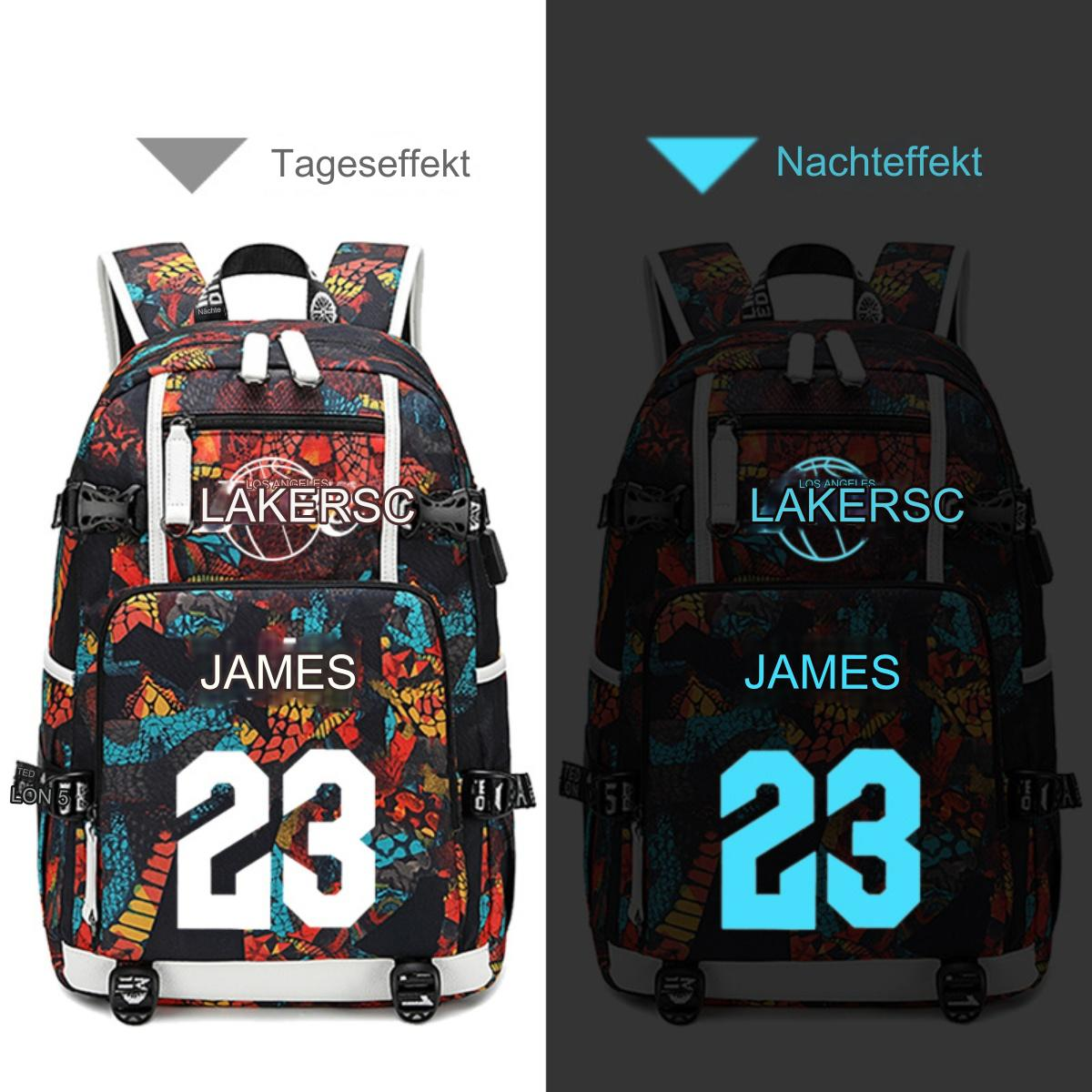Rucksack mit Lakers-Logo und James' 23. Links Tag, rechts Nachteffekt.