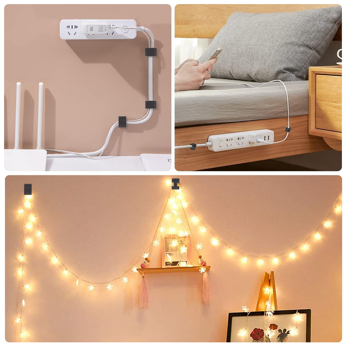 Mehrere Aufnahmen von Steckdosenleisten mit Kabeln. Einige sind an der Wand befestigt, andere auf einem Bett.