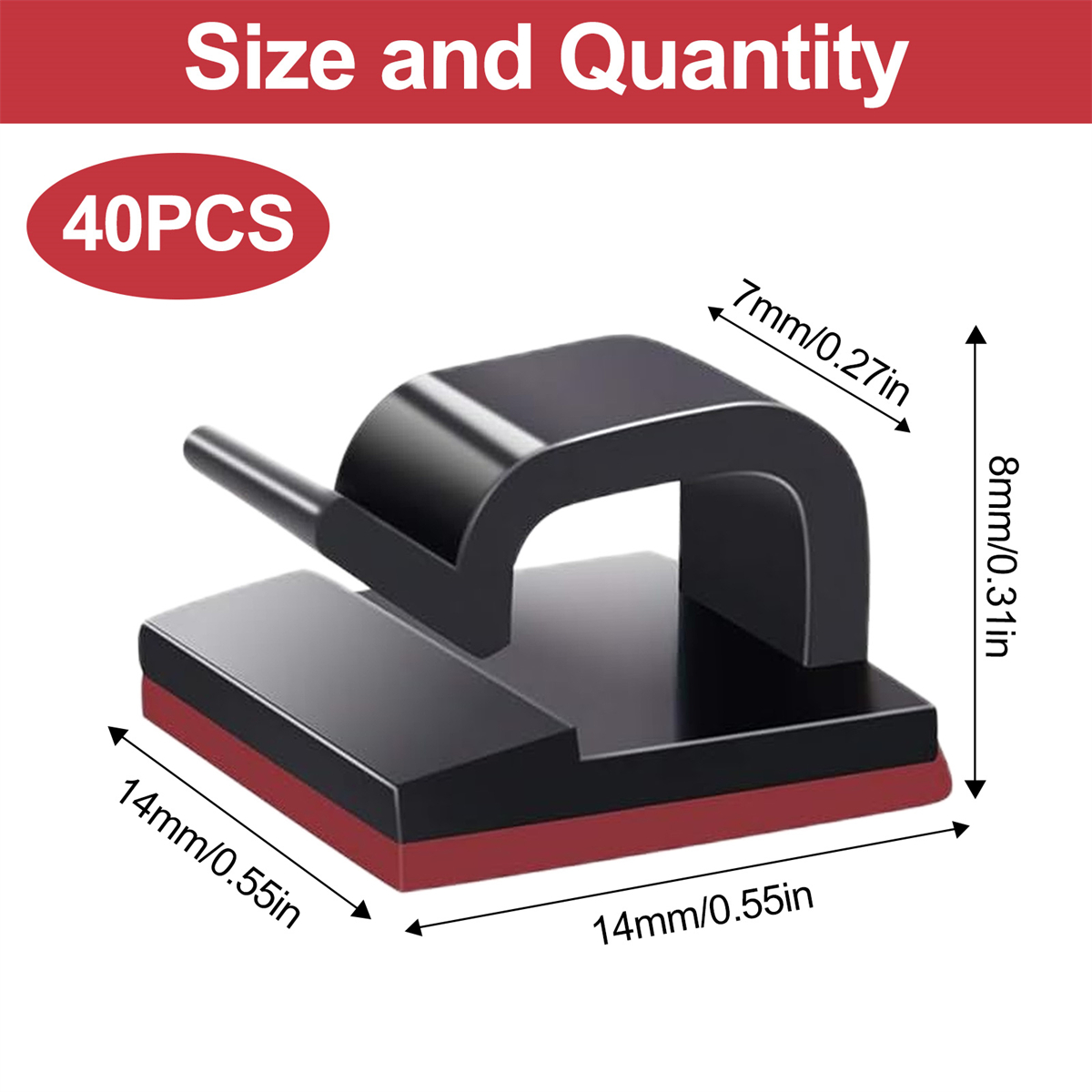 Schwarze und rote Kabelclips. Text besagt: 40 Stück, 7 mm/0,27 Zoll, 8 mm/0,31 Zoll, 14 mm/0,55 Zoll.