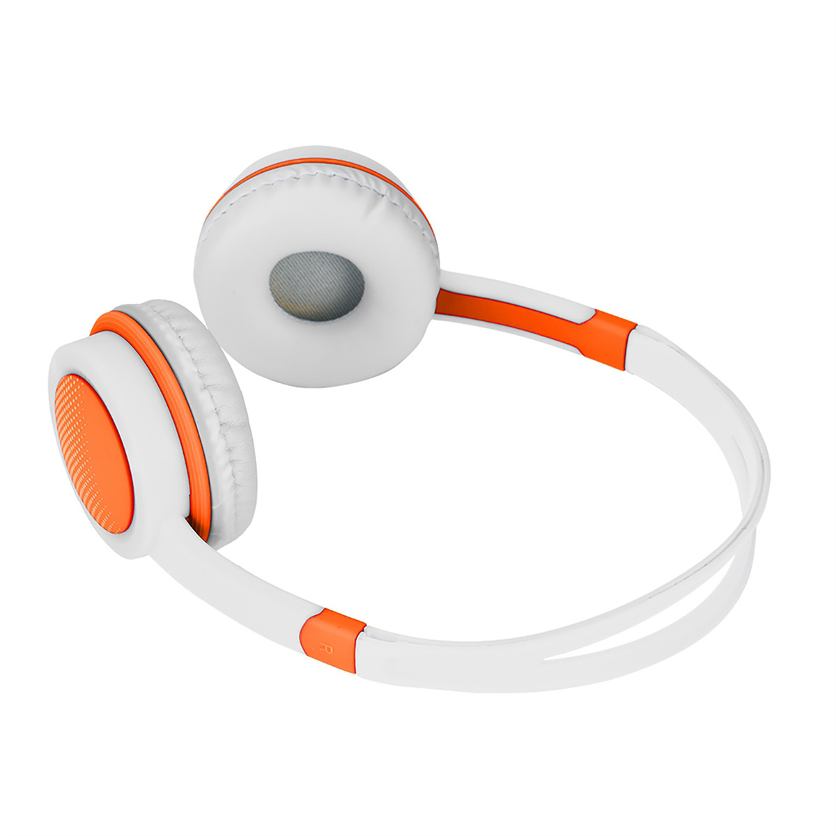 Weiße und orangefarbene Kopfhörer, Over-Ear-Stil. Die Kopfhörer sind auf weißem Hintergrund.