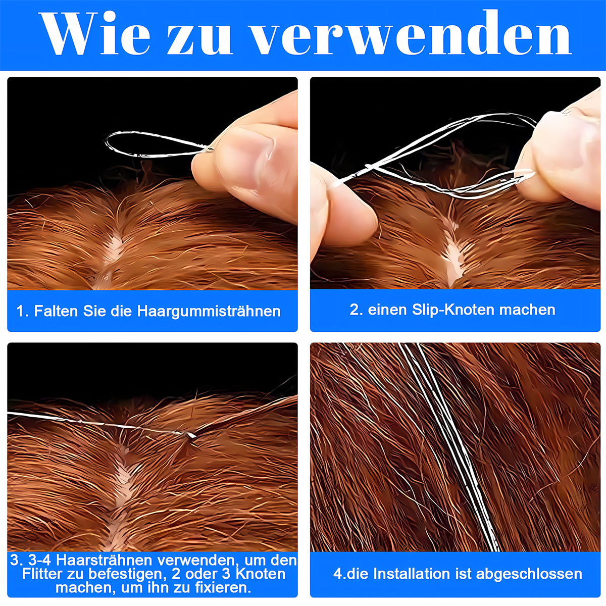 Vier Schritt-für-Schritt-Fotos, die zeigen, wie man einen Haarknoten mit einer Haarsträhne herstellt.