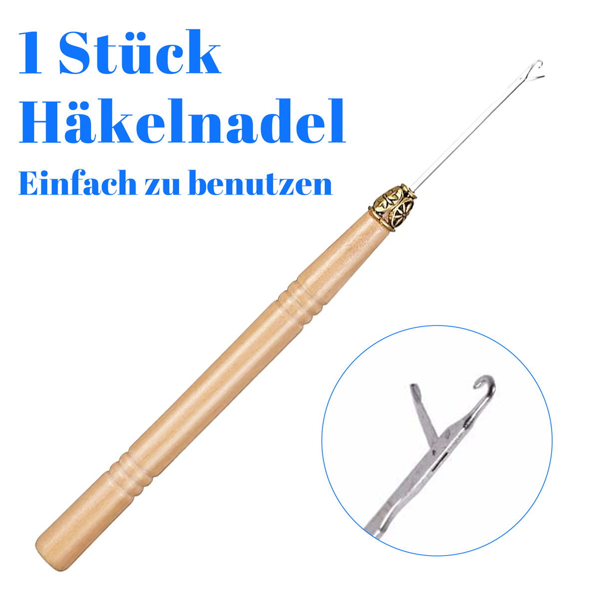 Ein Häkelhaken aus Holz mit dekorativem Griff und Nahaufnahme des Hakens.
