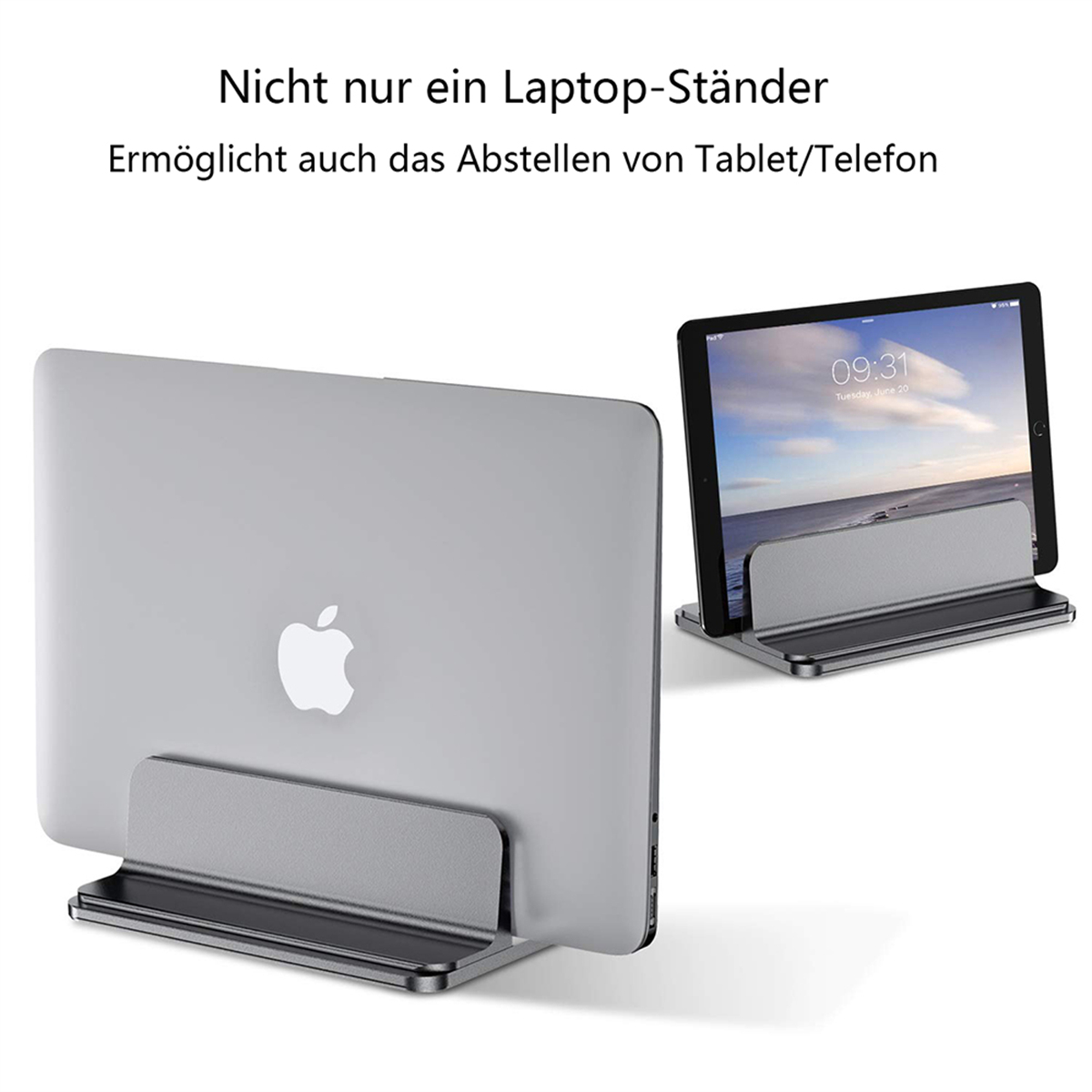 Laptop und Tablet auf Ständern. Beide sind silberfarben. Text sagt, es ist ein Laptopständer.