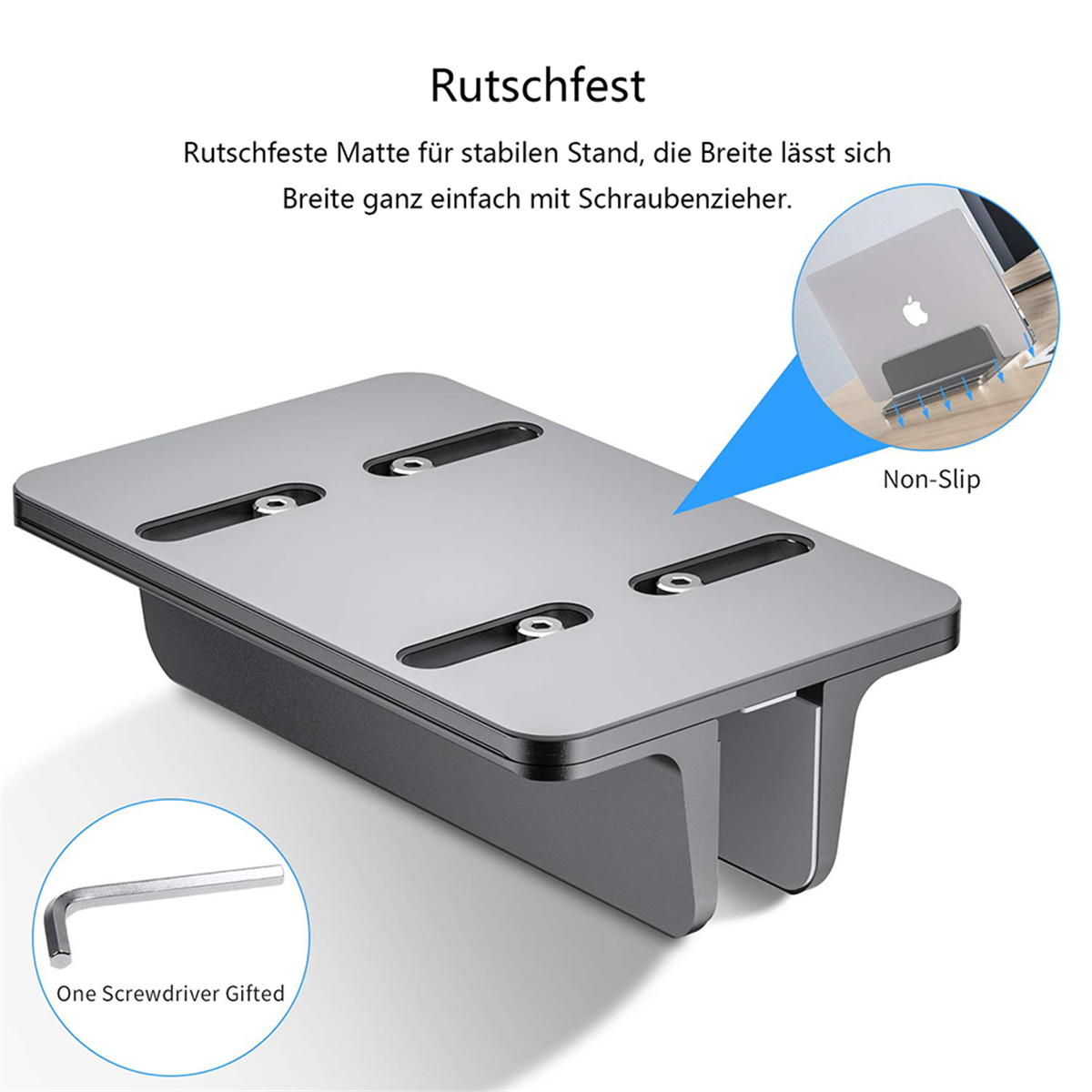 Ein grauer Laptopständer mit Anti-Rutsch-Pads und einem Schraubendreher.
