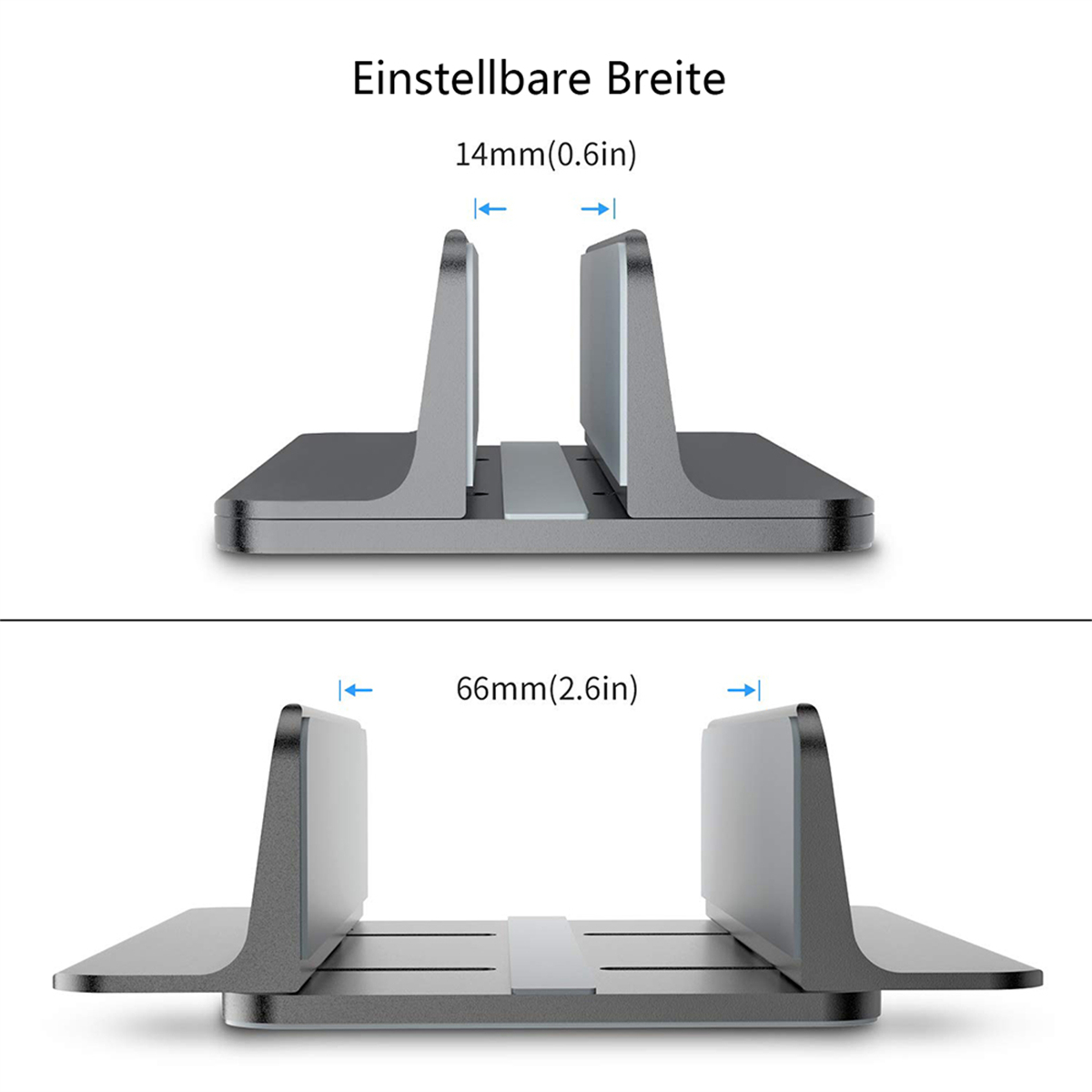 Ein silberner Laptop-Ständer. Das Bild zeigt die einstellbare Breite des Ständers.