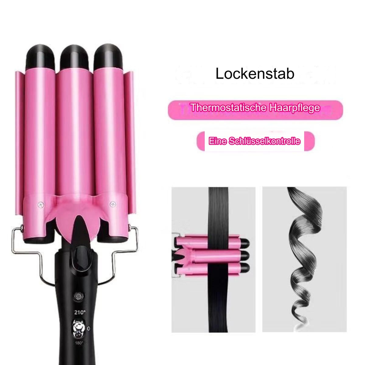 Ein rosa Lockenstab mit drei Lockenwicklern und einem schwarzen Griff. Es gibt Haarproben.