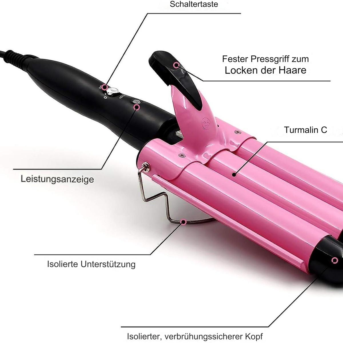 Pinker Haarlockenwickler mit beschrifteten Teilen. Inklusive Leistungsanzeige, Schalter und Griff.