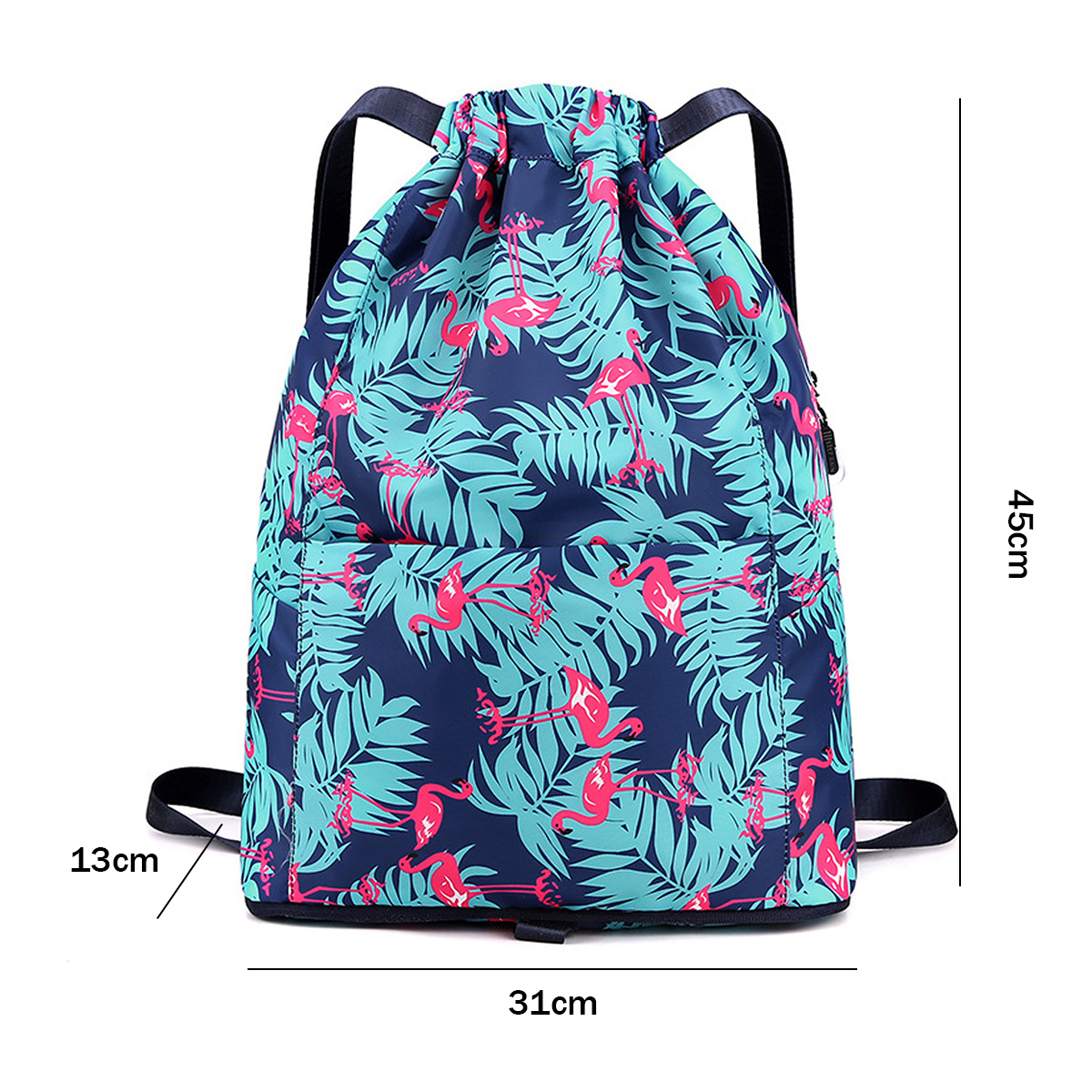 Blauer Kordelzug-Rucksack mit Flamingo- und Blättermuster, Abmessungen gezeigt.