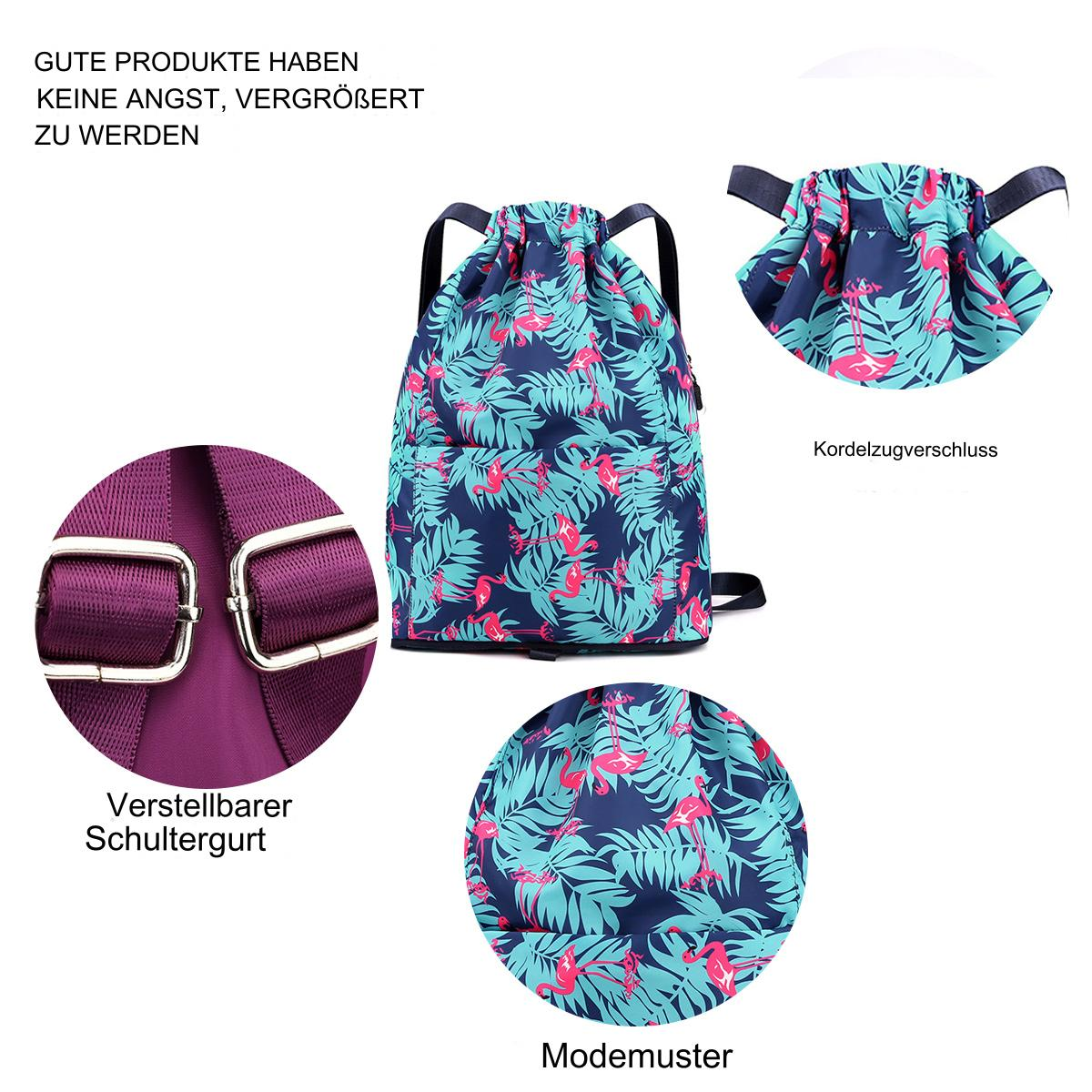 Kordelzug-Rucksack mit Flamingomuster. Detaillierte Ansichten von Trägern und Kordelzug.