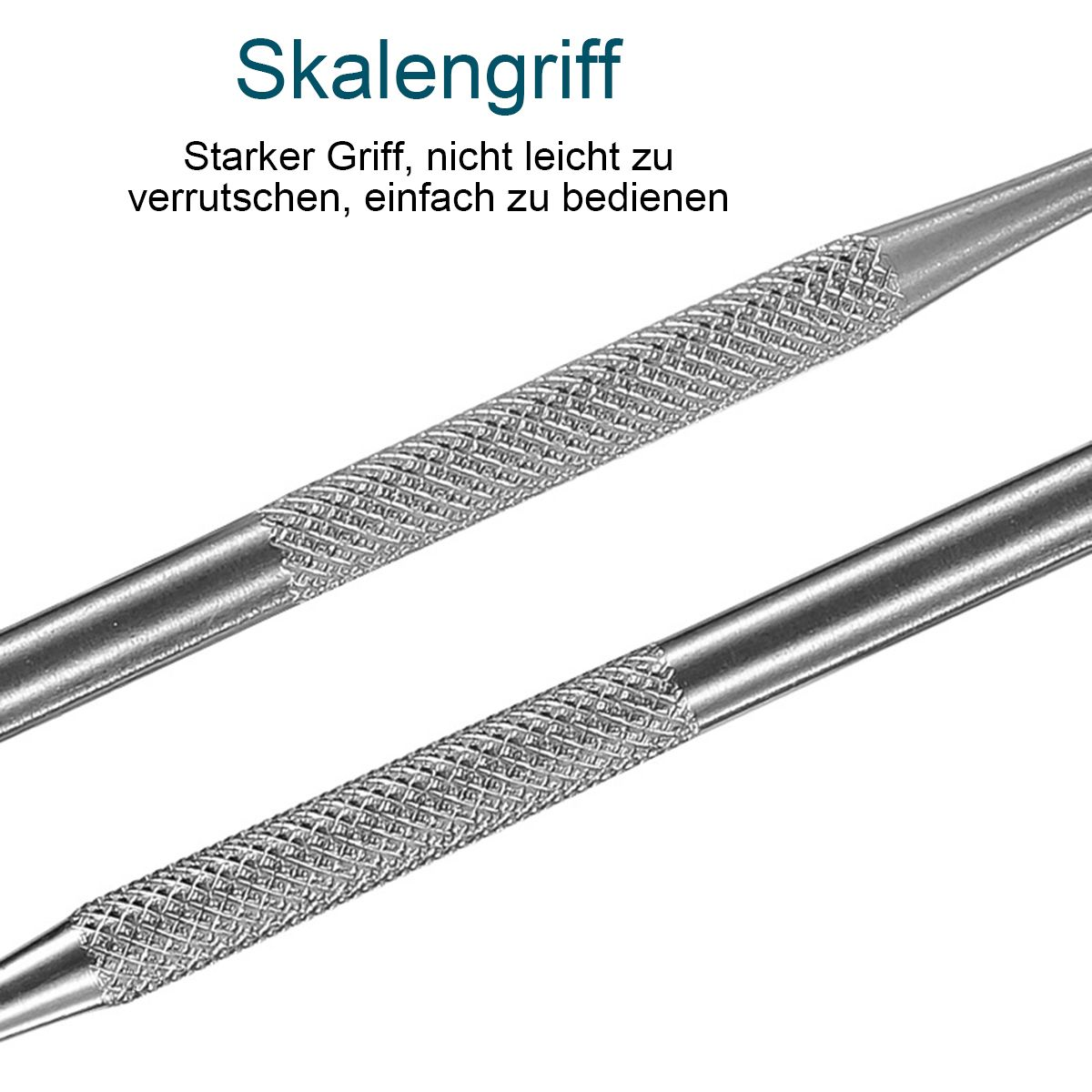 Zwei metallene zahnärztliche Werkzeuge mit strukturierten Griffen. Der Text lautet: "Starker Griff, nicht leicht zu verrutschen, einfach zu bedienen".
