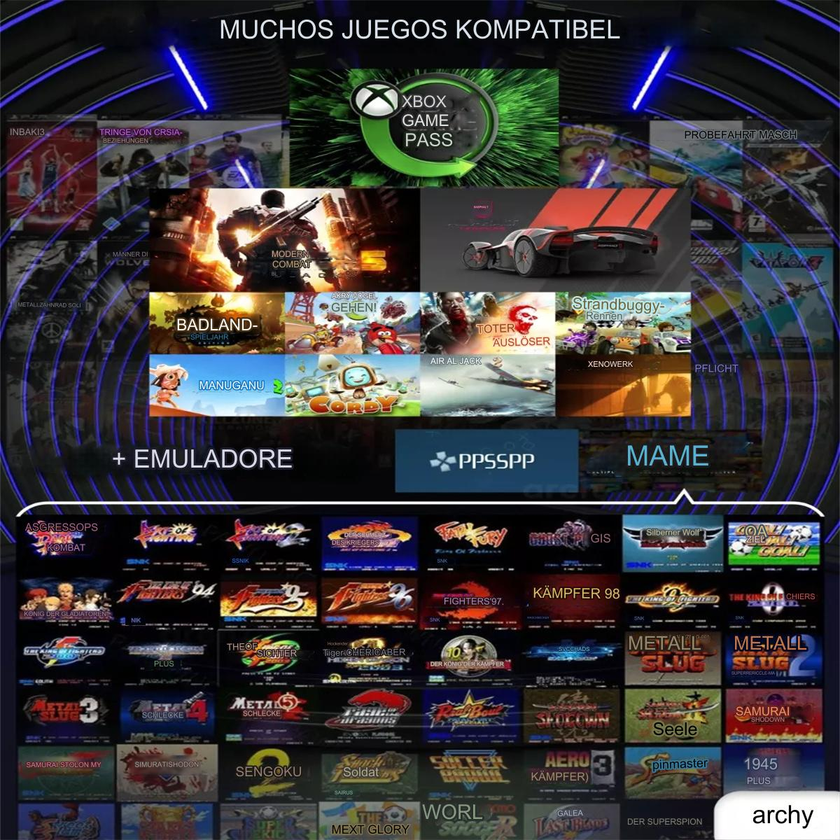 Bild mit verschiedenen Videospielen und Emulatoren, mit einem Xbox Game Pass Logo.