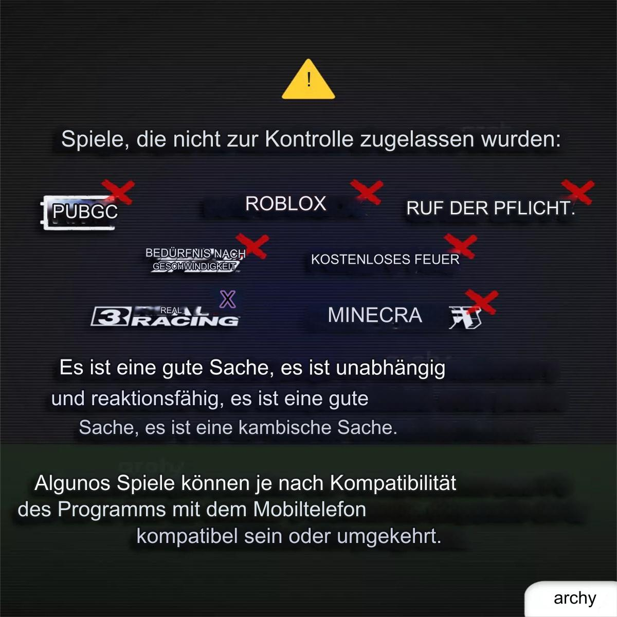 Eine informative Grafik mit durchgestrichenen Spielelogos, Text und einem gelben Warnschild.