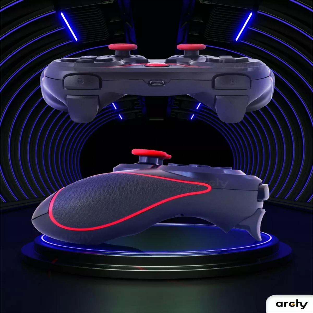 Zwei schwarze Gamecontroller mit roten Akzenten, einer über dem anderen, auf dunklem Hintergrund mit blauen Lichtern.