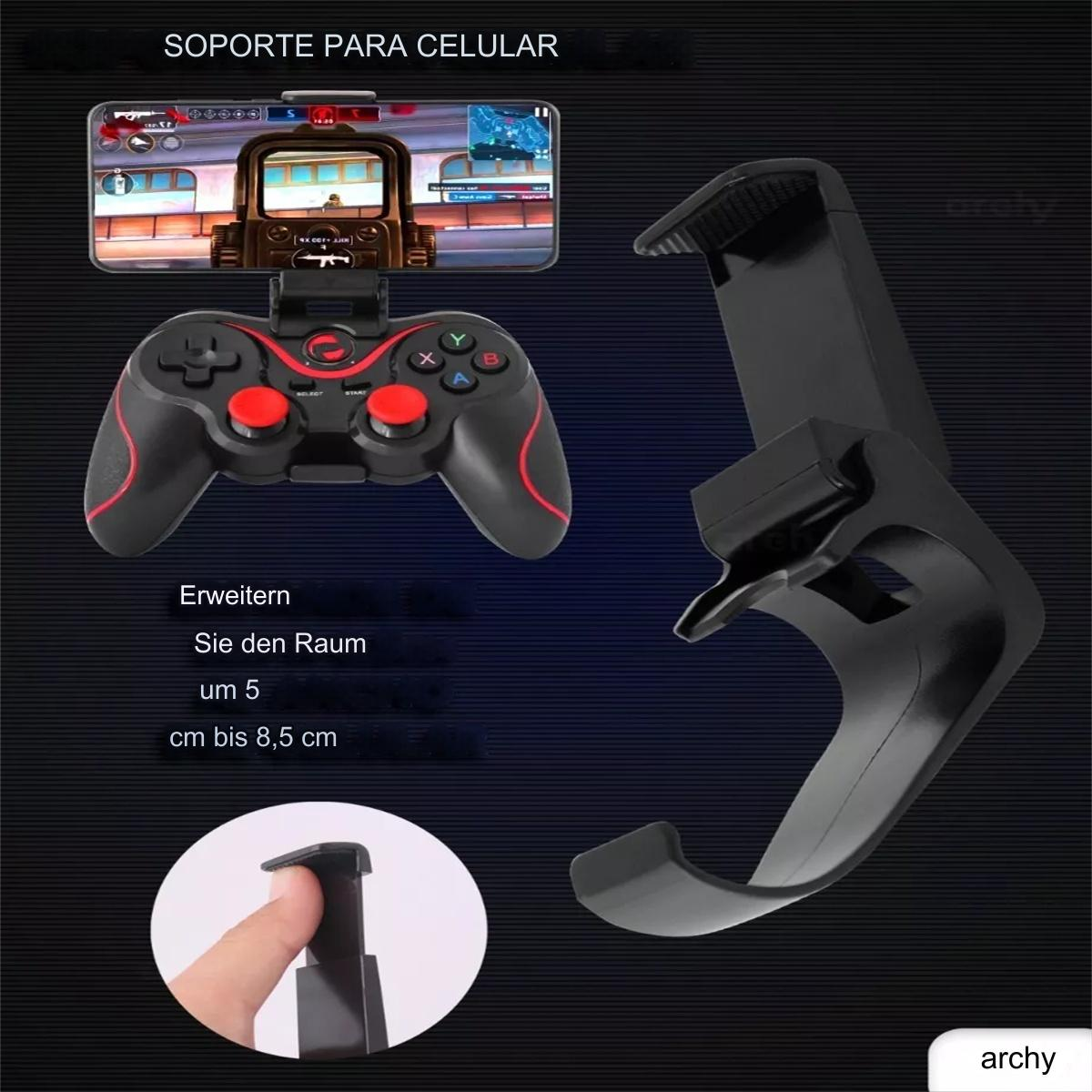 Telefonhalter mit Gamepad, Telefon zeigt Spiel. Schwarzer Controller und Halter.