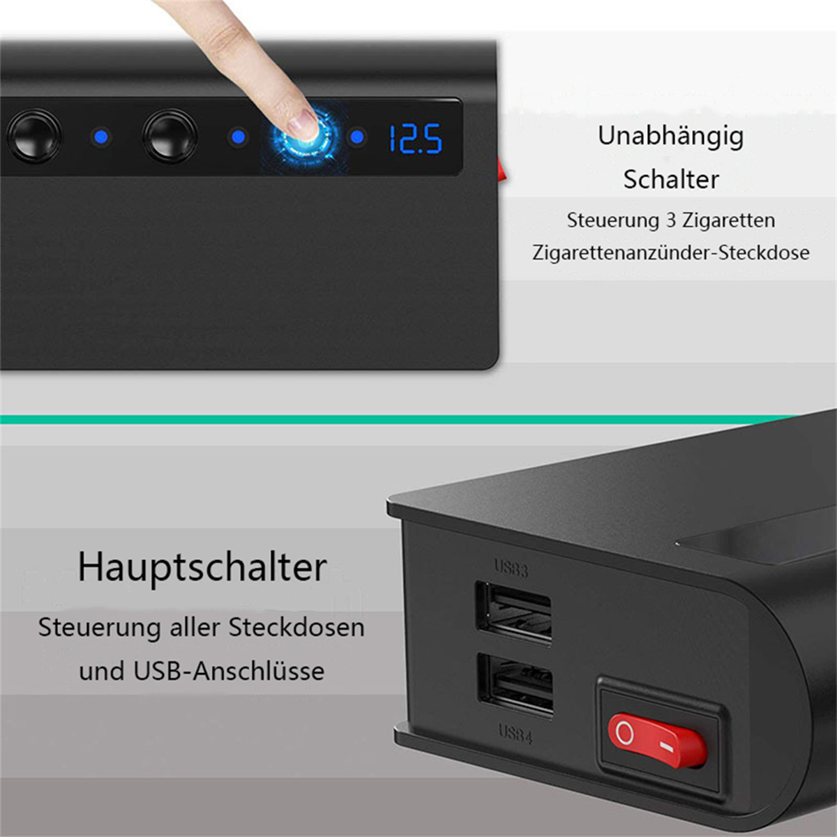 Nahaufnahme einer schwarzen Powerbank mit roter Power-Taste und Digitalanzeige, die 12,5 anzeigt.