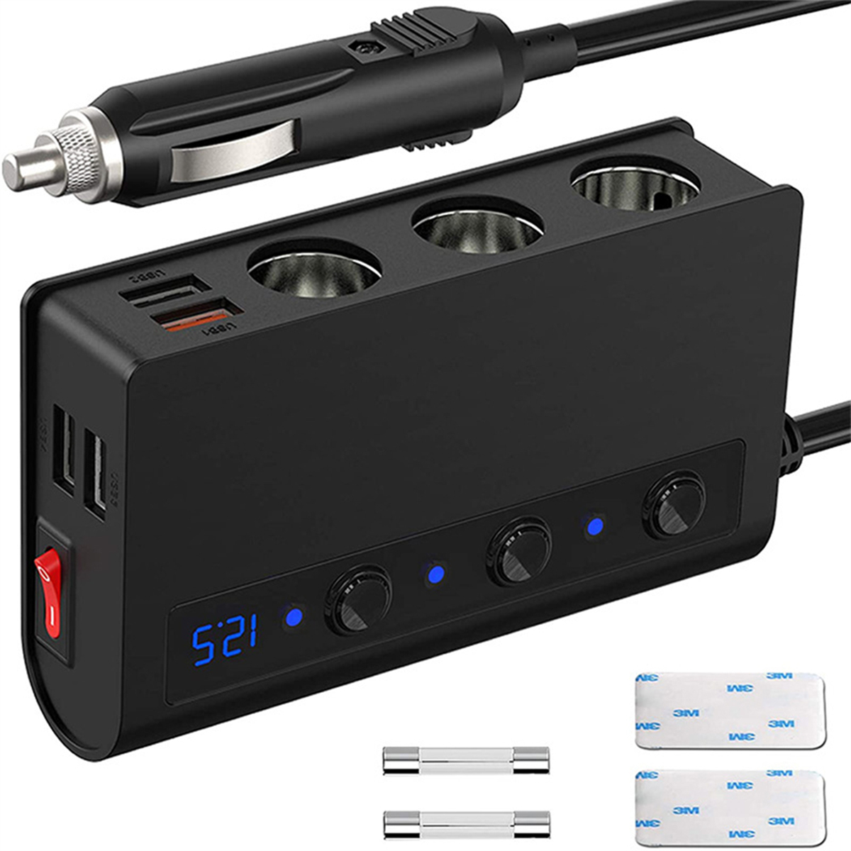 Schwarzes Autoladegerät mit mehreren USB-Anschlüssen und Steckdosen, mit Digitalanzeige und rotem Schalter.
