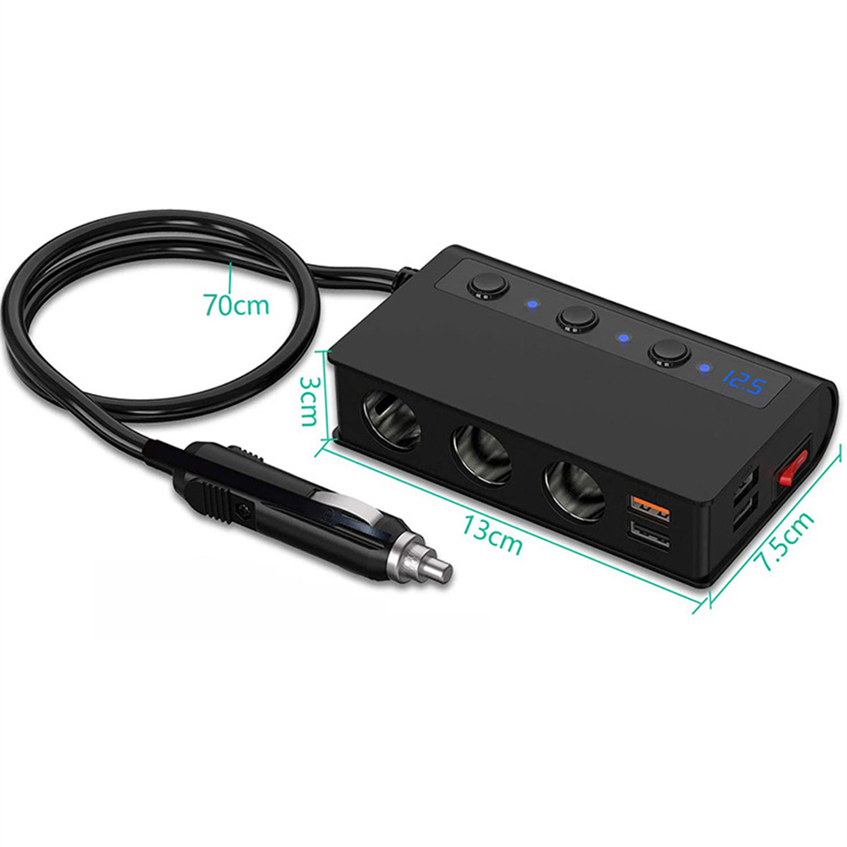 Schwarzes Autoladegerät mit mehreren USB-Anschlüssen, Maßangaben und einem 70 cm Kabel.