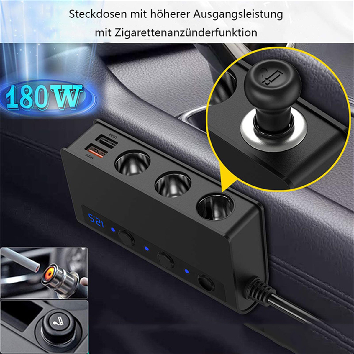 Schwarzer Auto-Netzadapter mit USB-Anschlüssen und Zigarettenanzünderbuchse. Zeigt 180W.