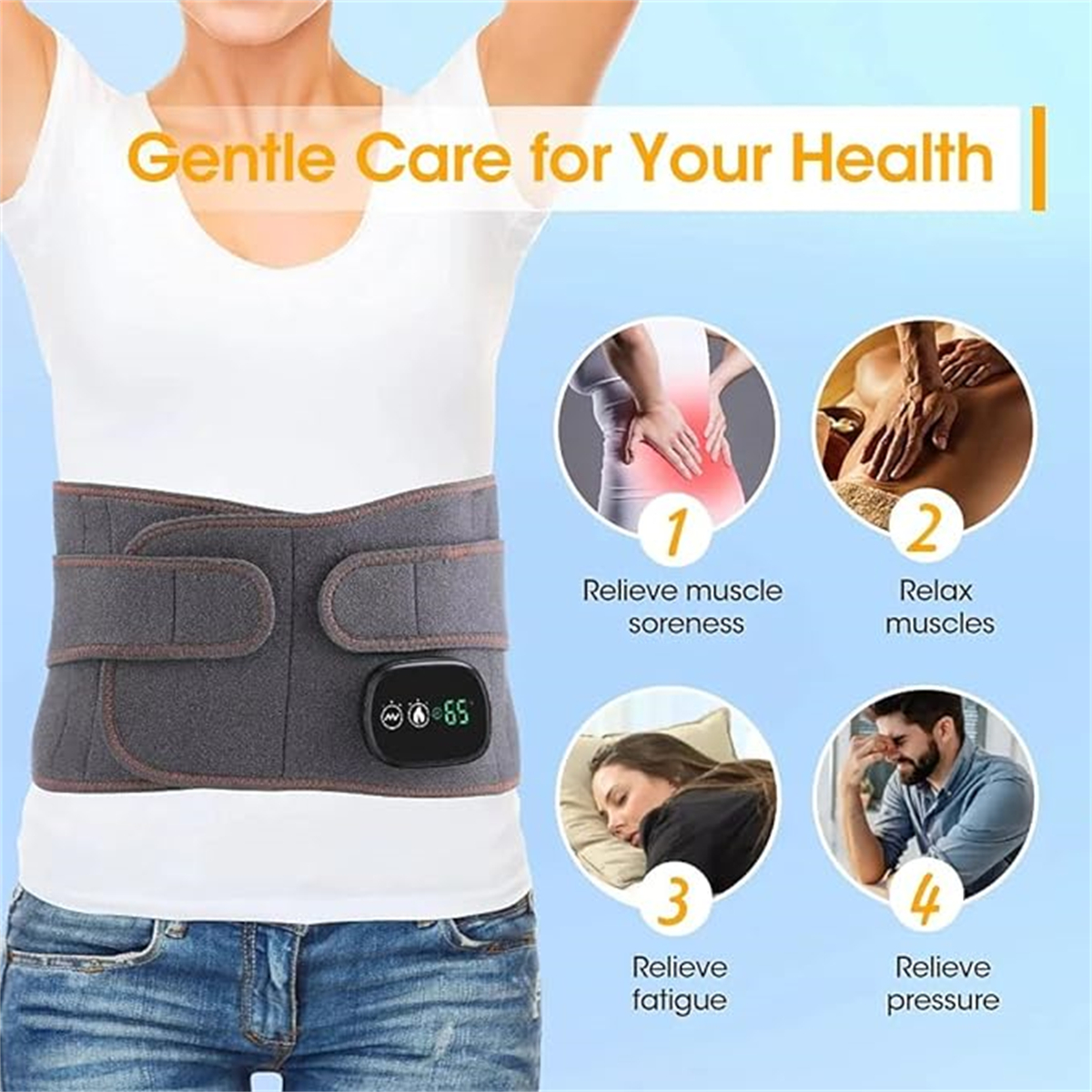 Rückenstützgürtel mit Digitalanzeige. Text: Sanfte Pflege für Ihre Gesundheit, und Bilder.