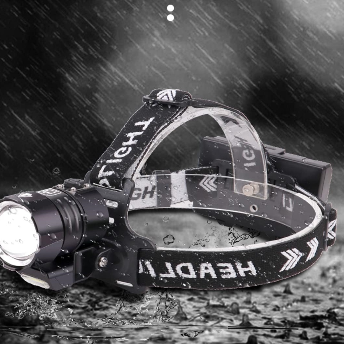 Schwarze Stirnlampe mit hellem Licht. Schwarzes Band mit weißem Text, Wassereffekt.