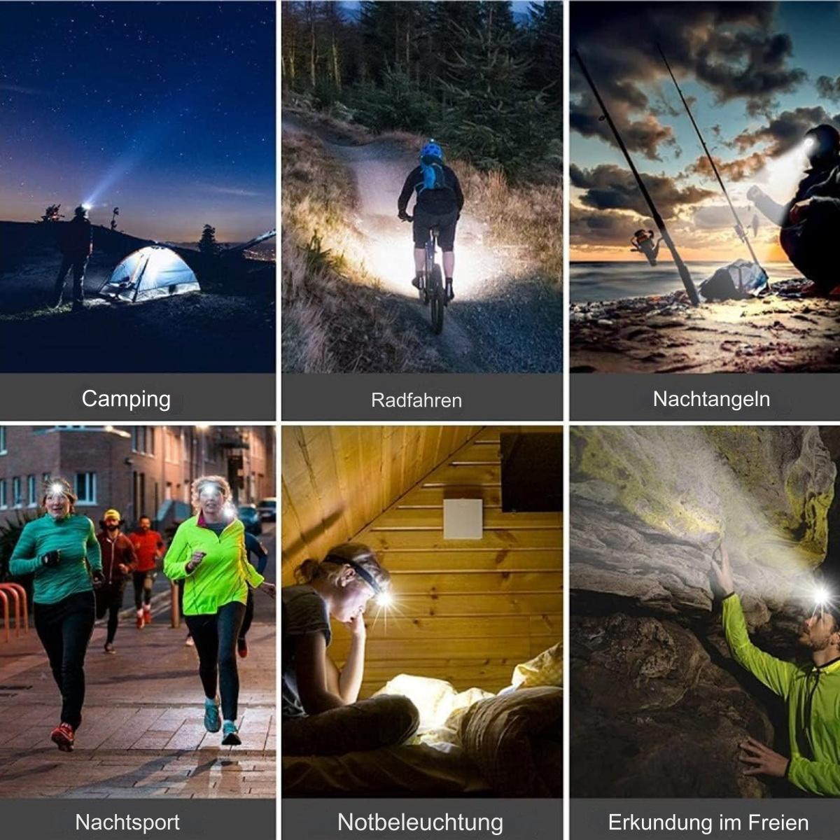 Stirnlampen im Einsatz: Camping, Radfahren, Angeln, Nachtlauf, Lesen, Erkunden.