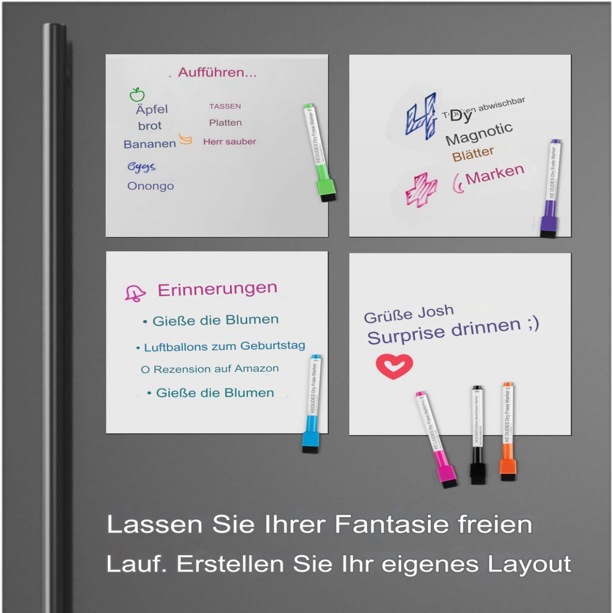 Vier Whiteboards mit Listen und Notizen. Marker und Text auf Deutsch. Tafeln an einer Wand.