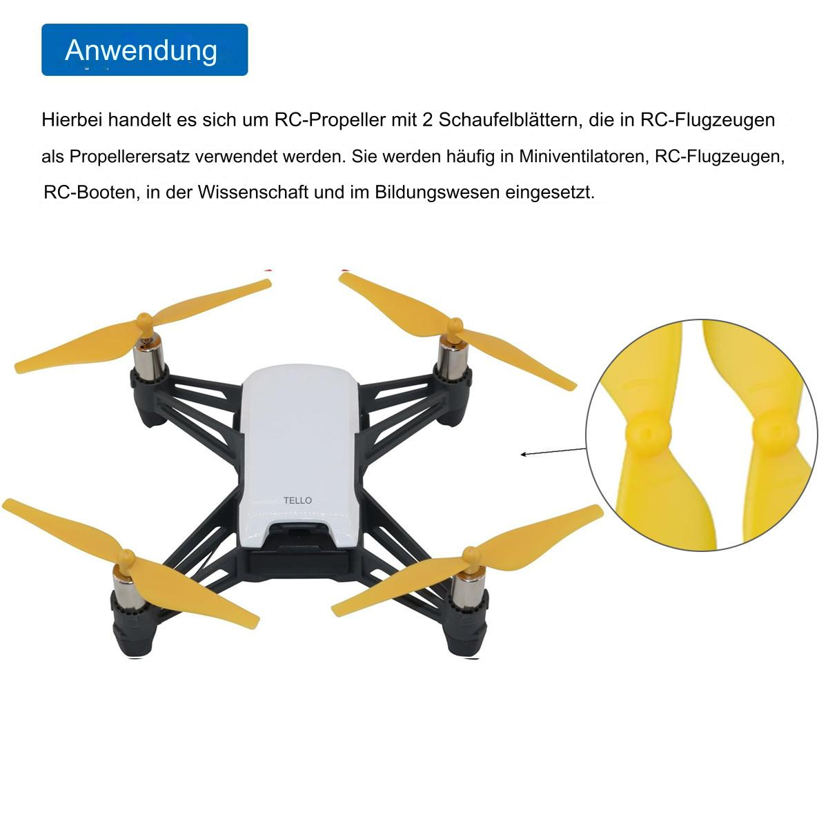 Eine Drohne mit gelben Propellern und einem weißen Körper, mit einem deutschen Text.