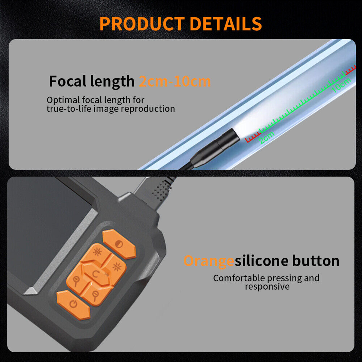 Produktdetails, die ein Endoskop und orangefarbene Knöpfe zeigen.
