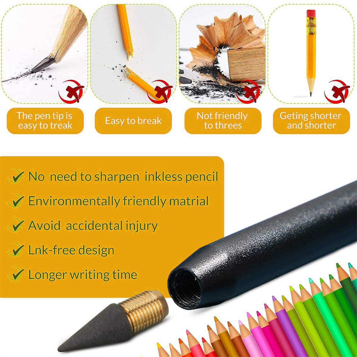 Stift ohne Tinte mit Text. Zeigt Stiftbruch, leicht zu brechen und nicht umweltfreundlich.